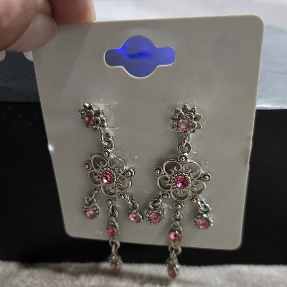 Silver Tone Pink Rhinestone Pierced Earrings - Picture 2 of 4